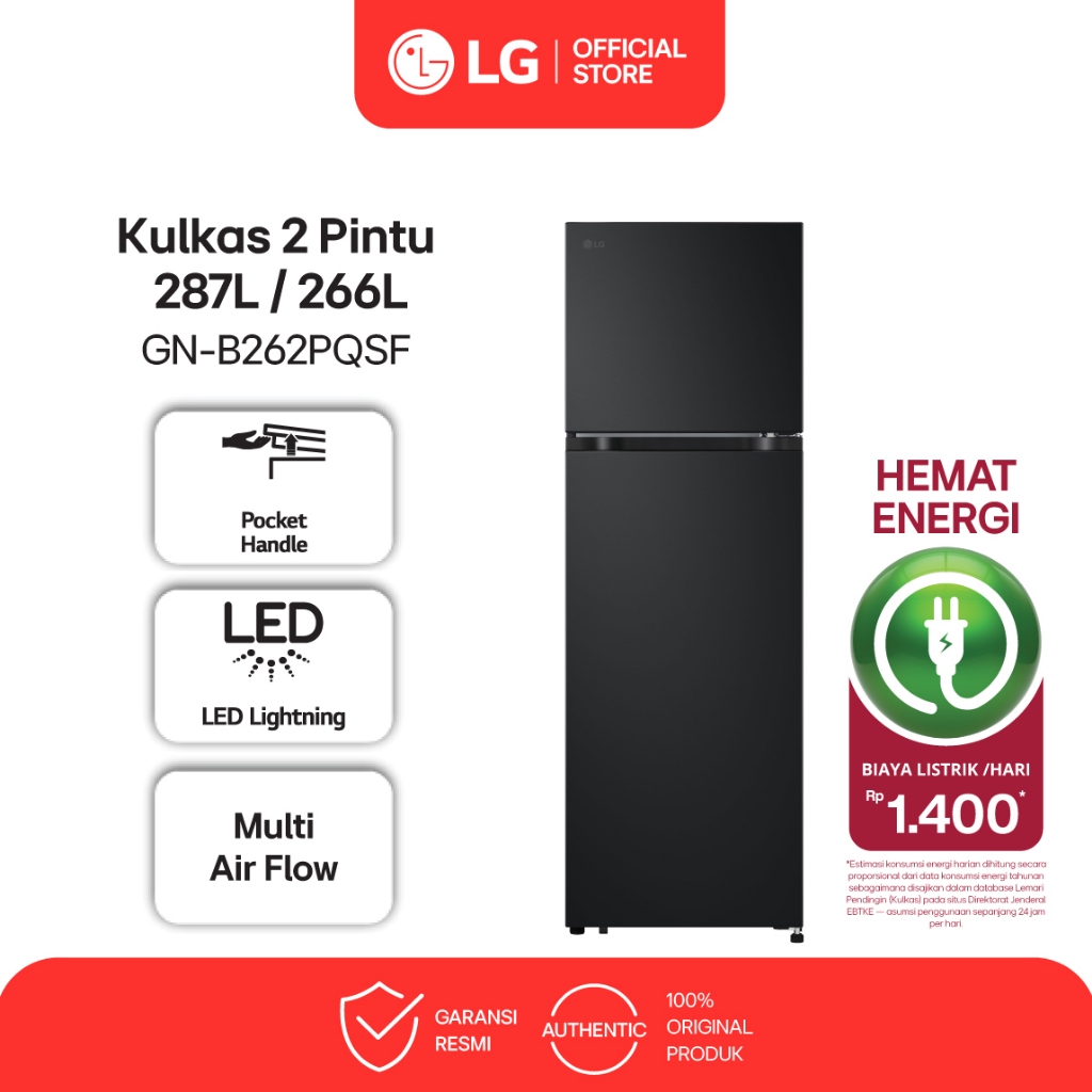 LG Kulkas 2 Pintu 287L / 266L - Inverter Compressor - No Frost - Rak Kaca Tempered - Matte Black - M