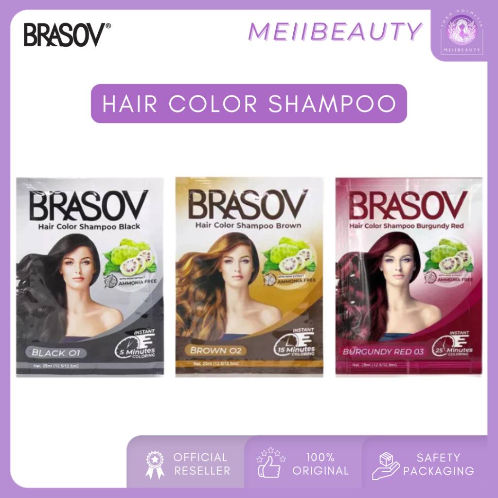 BRASOV Hair Color Shampoo Sachet | 1 Sachet Cat Rambut Sampo Bebas Ammonia 25ml