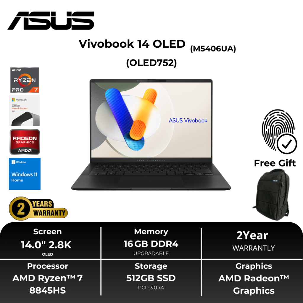 ASUS Vivobook 14 OLED M5406UA Ryzen™ 7 8845HS 16GB 512GB SSD 14" WUXGA Win11+OHS – Black – OLED752