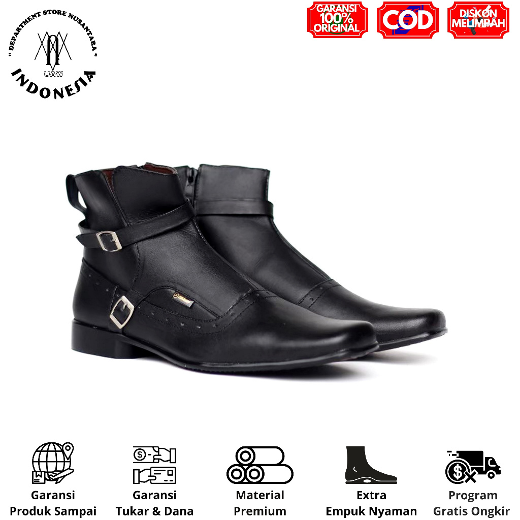 uawshoesofficial x Garansi 100% Ori | CEVANY BLACK PACUAN - Sepatu Ankle Boots Hitam Pria Kulit Sapi