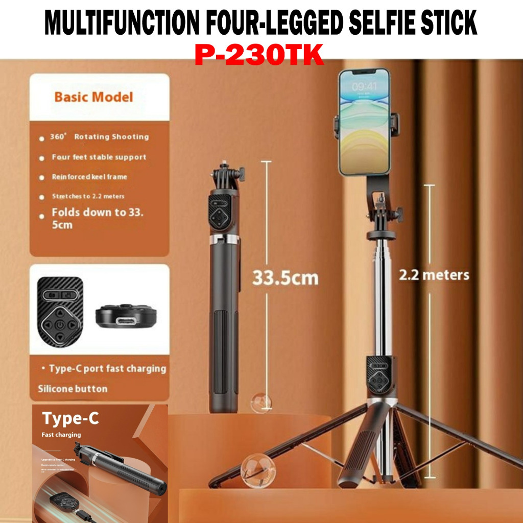 Tongsis Tripod HP dengan Remote Bluetooth Bahan Stainless Steel Panjang 2 meter/Multifunction Four L