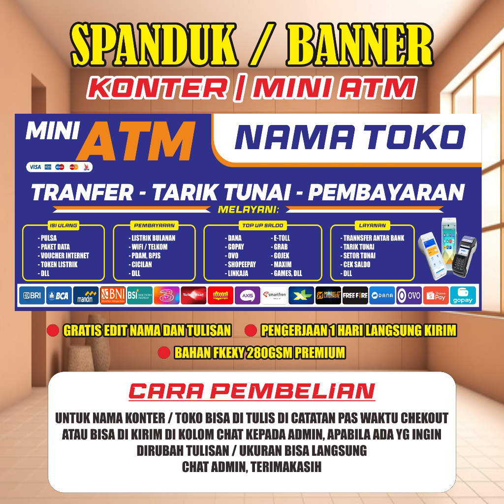 SPANDUK/BANNER konter pulsa/ATM mini BACKDROP KONTER/MINI ATM murahhh