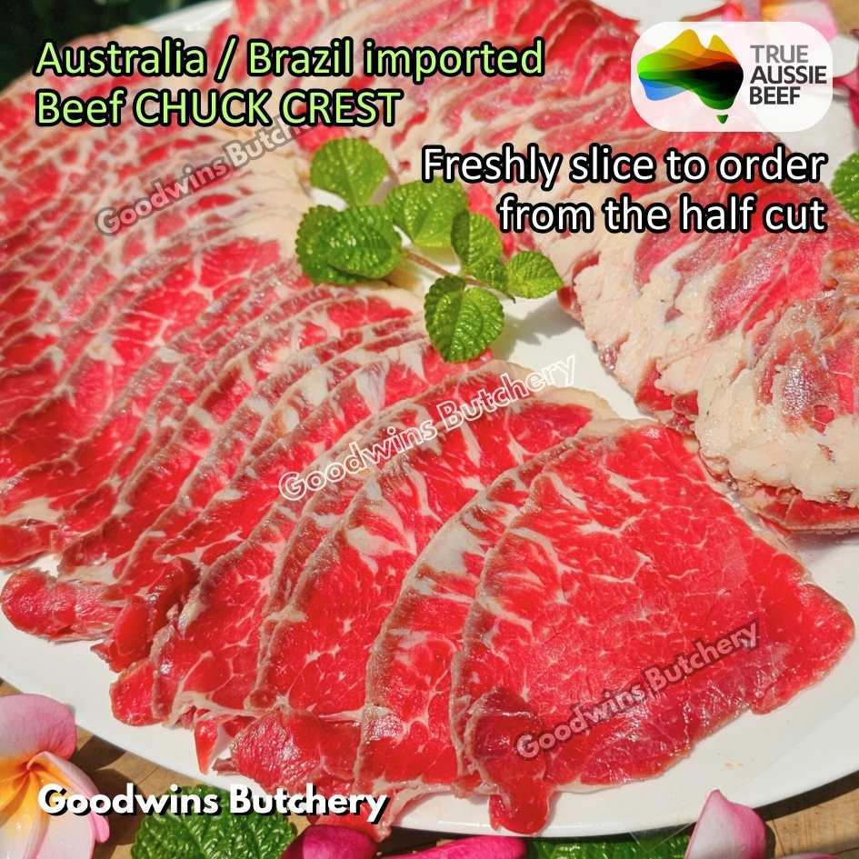 

Beef CHUCK CREST 1.2kg freshly sliced to order frozen Australia Kilcoy STEER (young cattle) & AMH for teriyaki, yakiniku, shabu2 tumis-cepat stirfry