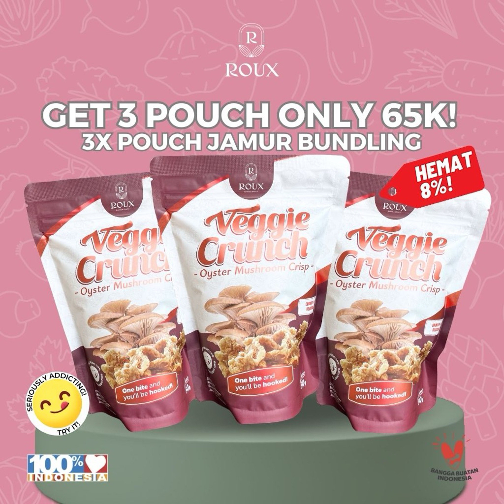 

PAKET BUNDLING ROUX VEGGIE CRUNCH KERIPIK JAMUR PREMIUM RENYAH SENAK SEHAT HEALTY SNACK