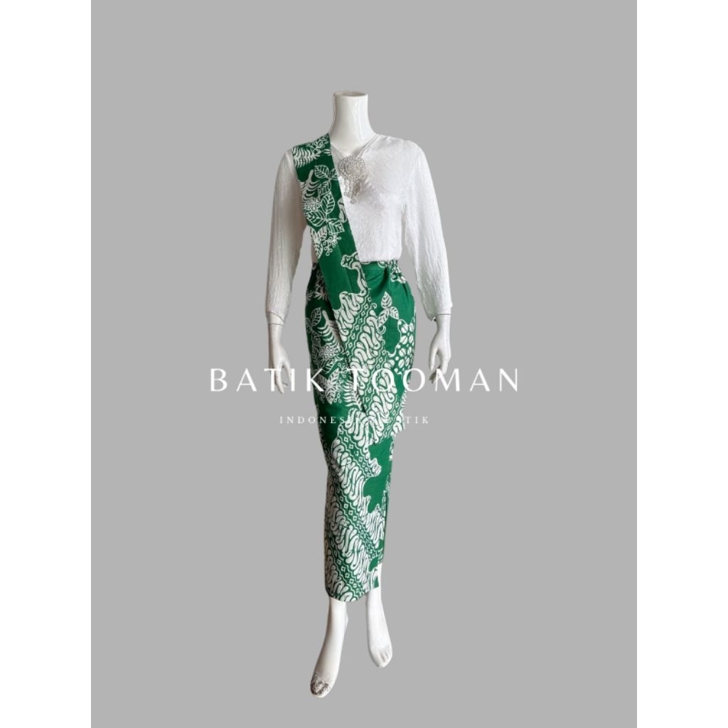 UTARI EMERALD GREEN WHITE Rok Batik Span Instan Resleting Warna Hijau Putih Katun Halus Berselendang