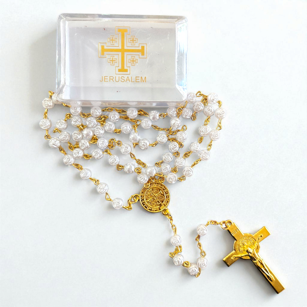 Kalung Rosario Manik Mawar Putih 8mm dengan Liontin Emas Yerusalem untuk Ibadat