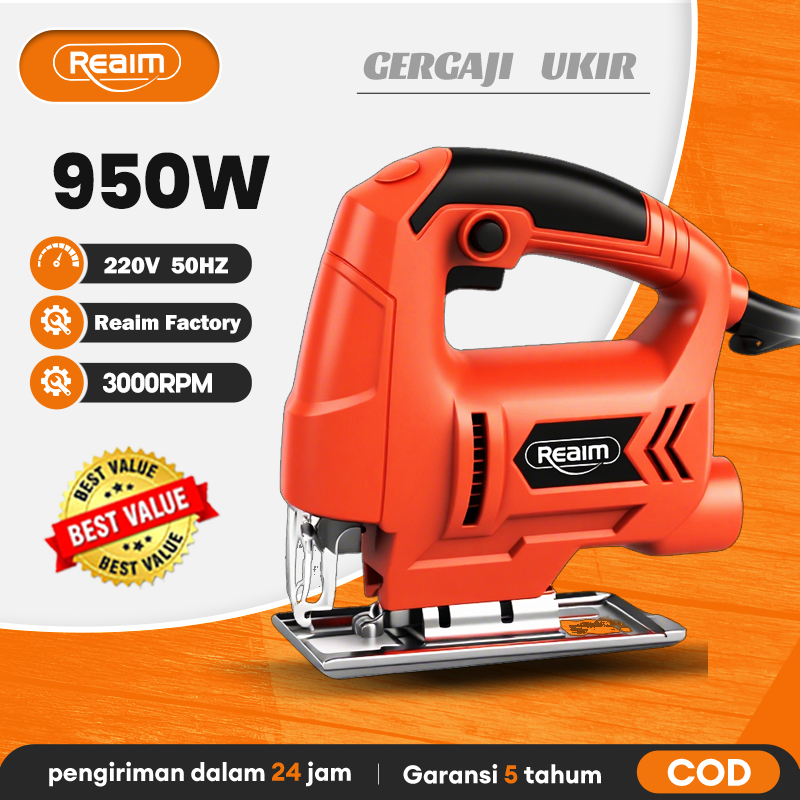 Reaim Mesin Gergaji ukir Gergaji kayu Jig Saw Machine 950W Jigsaw Single Speed Mesin Gergaji Potong 