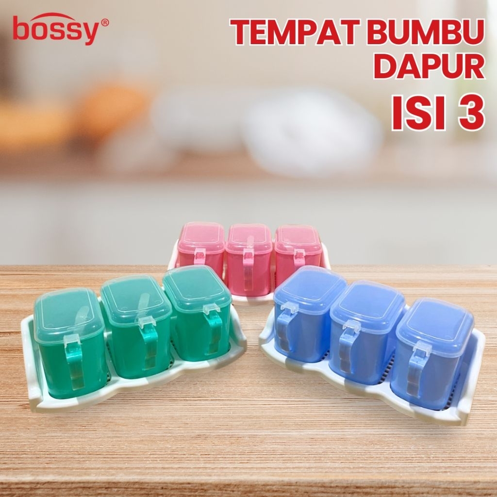 BOSSY Tempat Bumbu Dapur / Toples Bumbu Dapur Plastik / Tempat Bumbu Set Isi 3 Lengkap Dengan Sendok