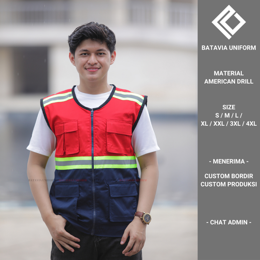 Rompi Safety K3 Kerja Proyek Resleting Scotlight Lapangan Jumbo bahan American Drill by Batavia Unif