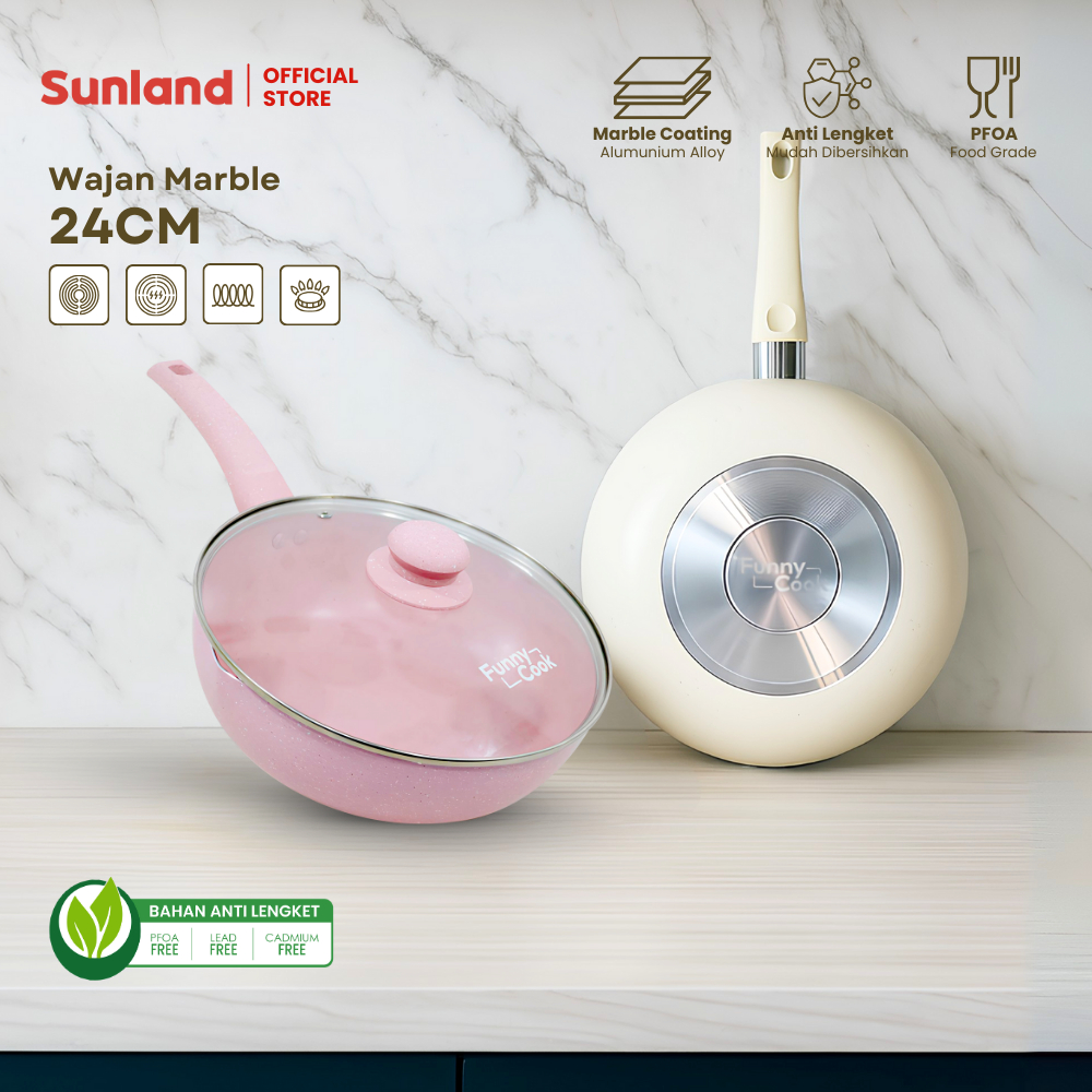 SUNLAND Wajan Penggorengan Anti Lengket 24CM | Teflon Granite Pastel Series dengan Tutup Kaca