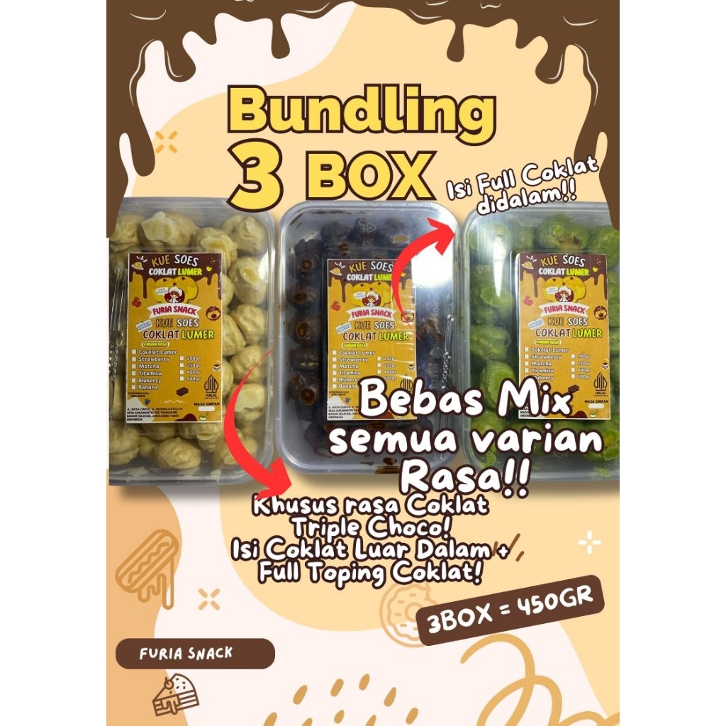 

Kue Soes Coklat Lumer Furia Snack Aneka Rasa 3BOX isi 1800ml Lebih banyak Bebas Mix Rasa Snack Cemilan Coklat Crispy Khusus Coklat Full Toping