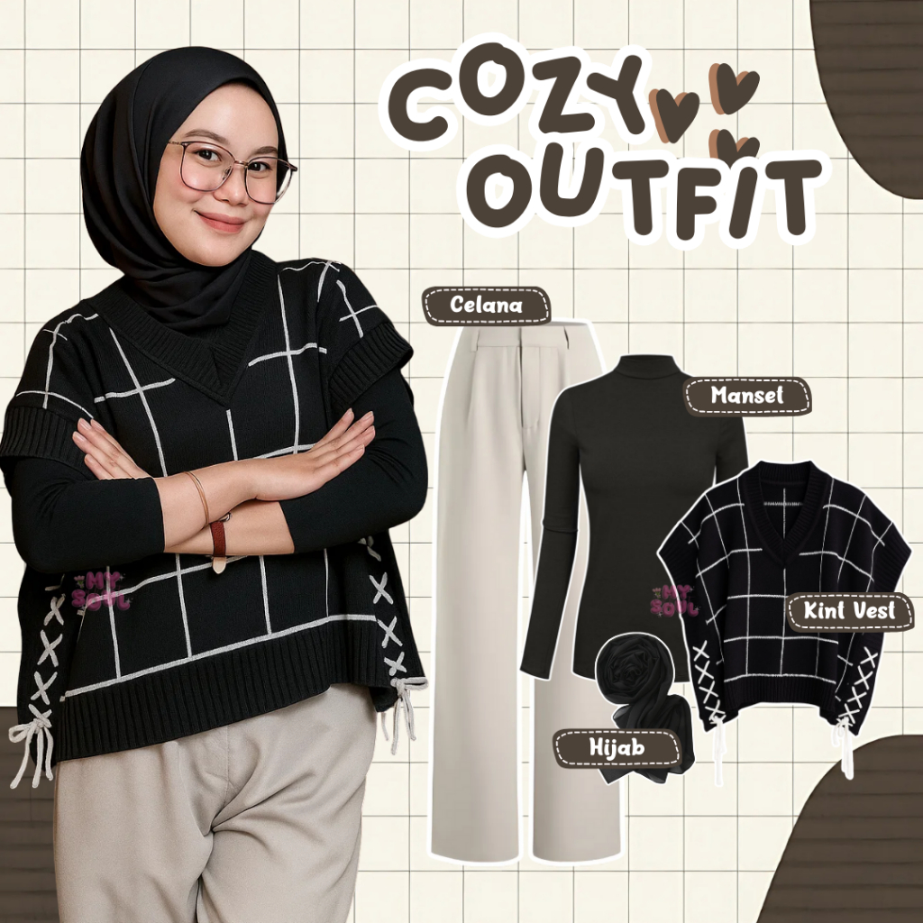 Outfit Hijab Kekinian (Kint Vest, Celana Kulot, Manset, Hijab) One Set Cozy Korean MSO32