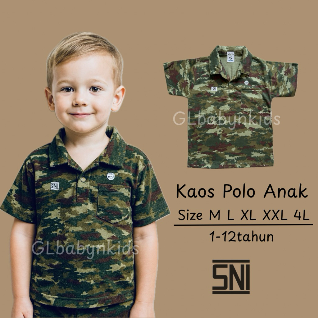 [GLbabynkids] Atasan Kaos Polo Krah Anak Army Doreng Tentara Kaos Katun Premium SNI