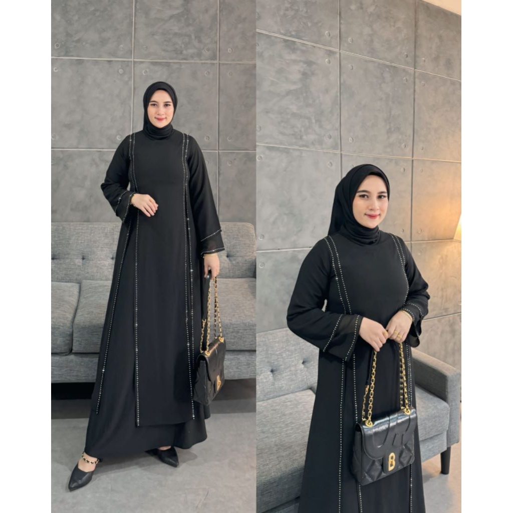GAMIS ABAYA PESTA MUTIARA SILVER LENGAN TROMPET