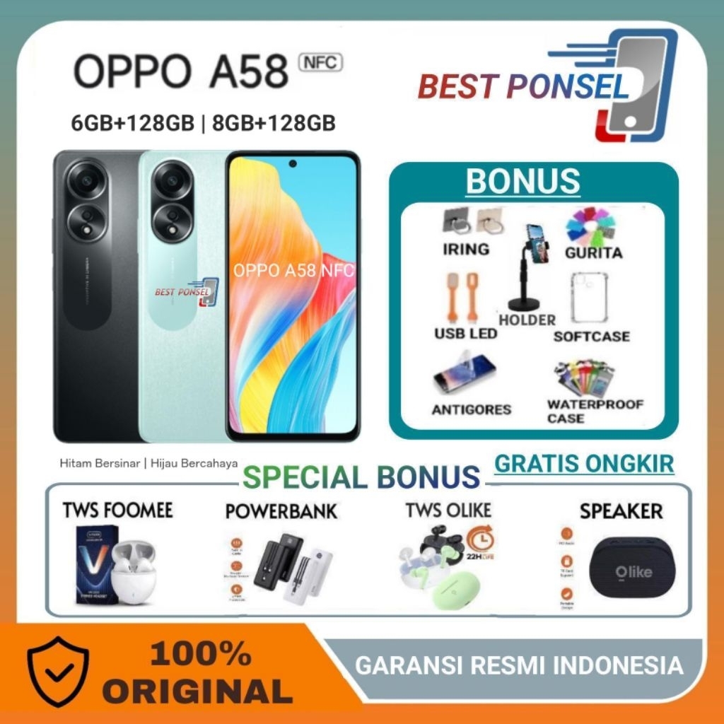 OPPO A58 NFC RAM 6GB+128GB | 8GB+128GB | A18 4GB +128 GB GARANSI RESMI OPPO INDONESIA