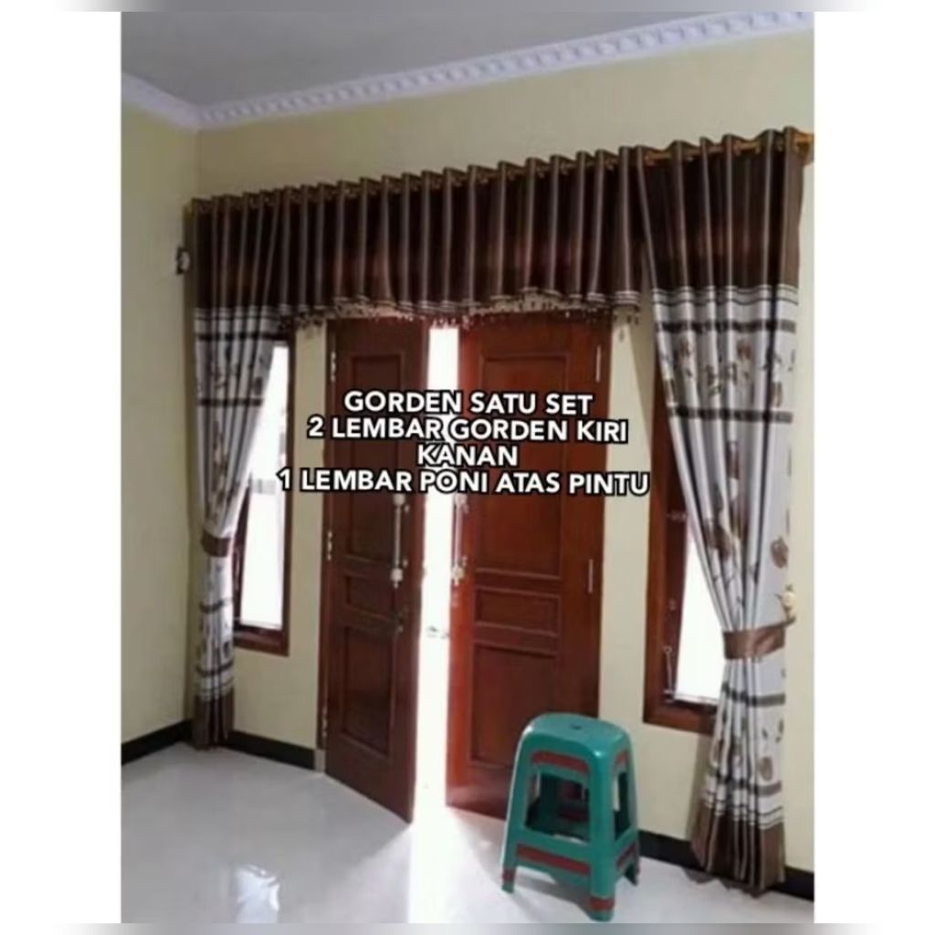 gorden Jendela satu set lengkap dengan poni atas pintu gorden motip bunga tulip dan polos bahan blac