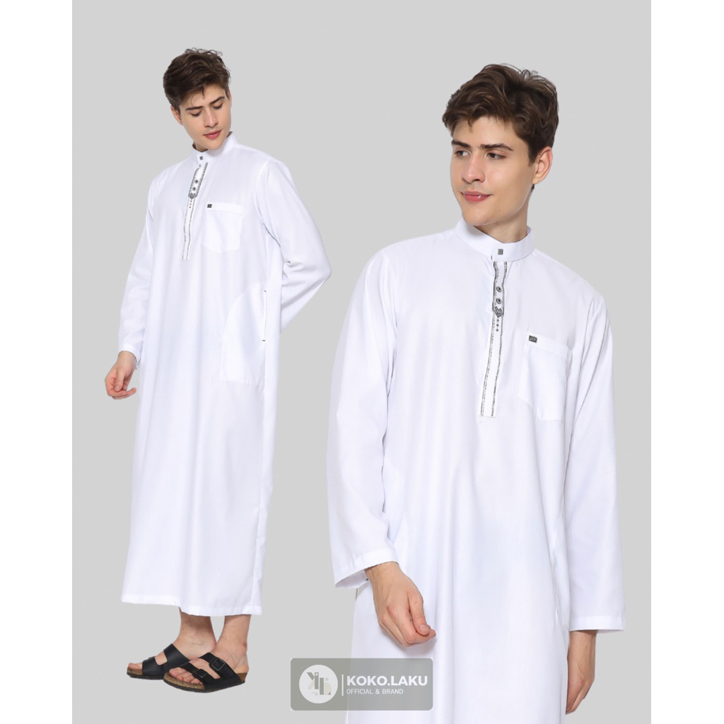 Gamis Thobe Jubah Putih Pria Reguler Dewasa Lengan Panjang Kancing Snap Premium