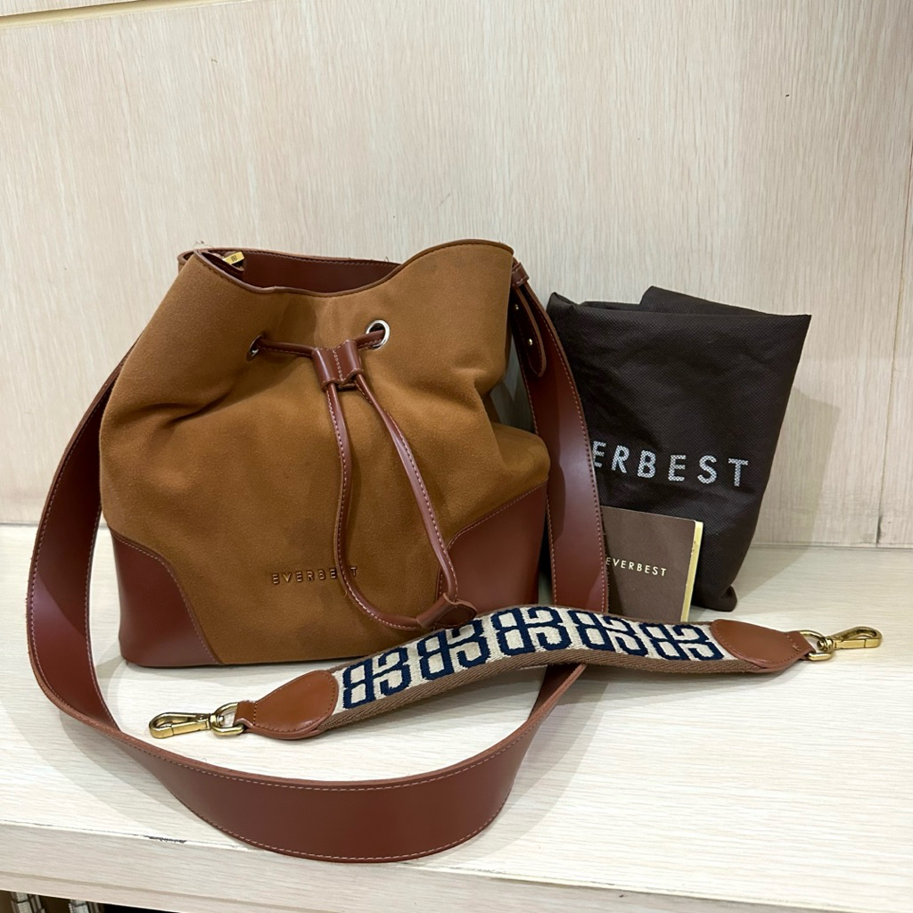 EVERBEST BUCKET SUEDE BAG - TAS BUCKET WANITA - BROWN SLING BAG HAND BAG SHOULDER BAG BRANDED ORIGIN