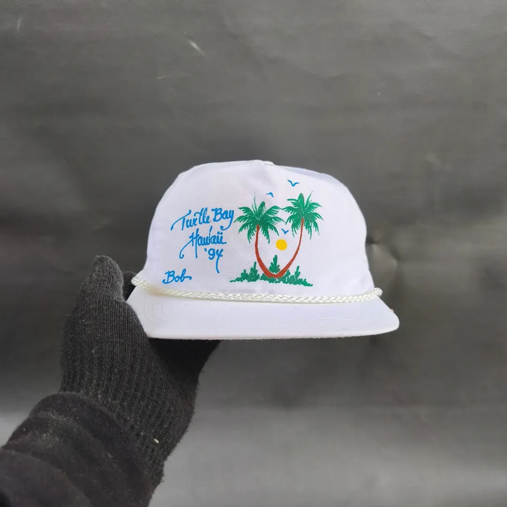 Topi Vintage Trucker Rope Hat Unisex Pria Wanita TURTLE BAY HAWAII - Sportcap Nilon Putih