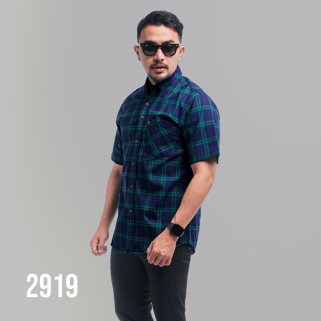 PAKAJI Kemeja Flanel Pria Lengan Pendek Navy Garis Hijau Kemeja Pria Flanel Pria Kemeja Pendek 2919