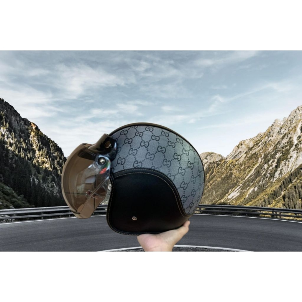 Helm bogo kulit motif wanita helm bogo dewasa kulit motif GUCCI abu helm kulit bagus