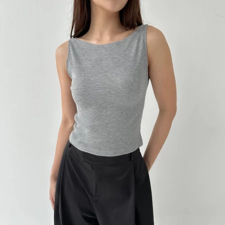 Atasan Wanita Tanktop Ribbed Knit Boat Neck Crop Top Stretch