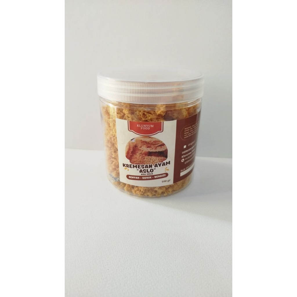 

Kremesan Ayam "ASLO" Asli Solo kemasan toples. Kremesan sari ayam. Lauk makan dan Oleh-oleh Khas Solo