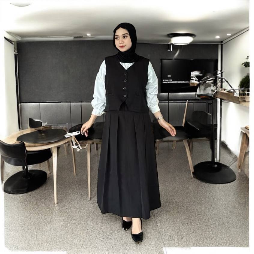 Emma One Set Vest Rok Vintage Wanita Muslim Bahan Hanava Semi Wol Zipper Flare Skirt Gamis Wanita Ju