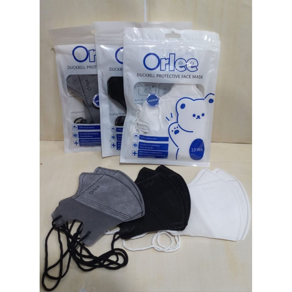 Masker Duckbill Orlee Hijab 3 Ply Pax Isi 10 Pcs Headloop || HITAM || PUTIH || BIRU || ABU