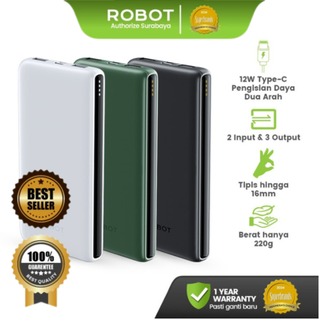 ROBOT Power Bank 10000mAh Slim 12W 3 Output 2 Input Super Tipis 16mm Ringan 220g Anti Slip Bisa Isi 