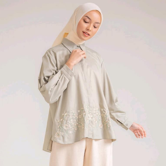 Baju Blus Wanita Blouse Ria Miranda: Sivana Top: Cotton - Off White Sage Green Ash Rose Original