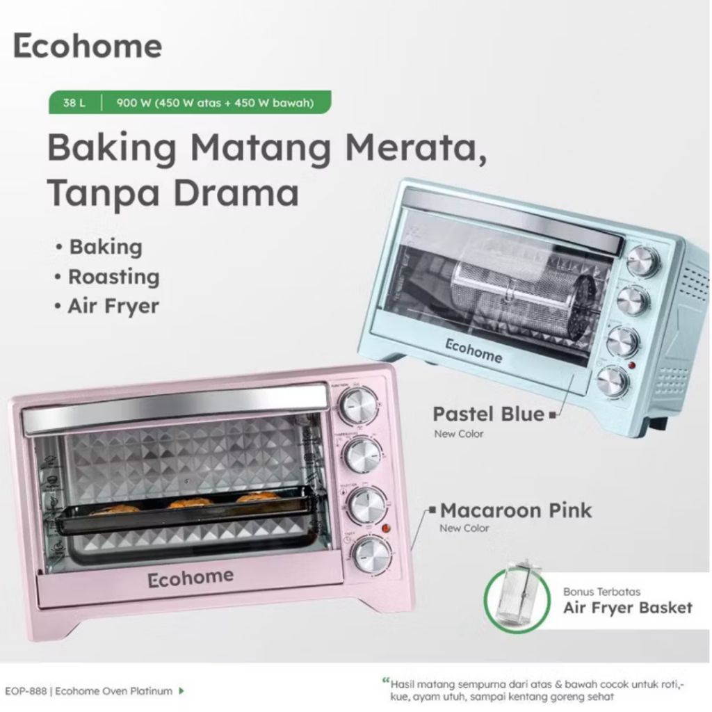 ECOHOME Electric Oven 38L Low Watt Jumbo FREE PACKING KAYU - Air Fryer Oven Platinum White Pearl