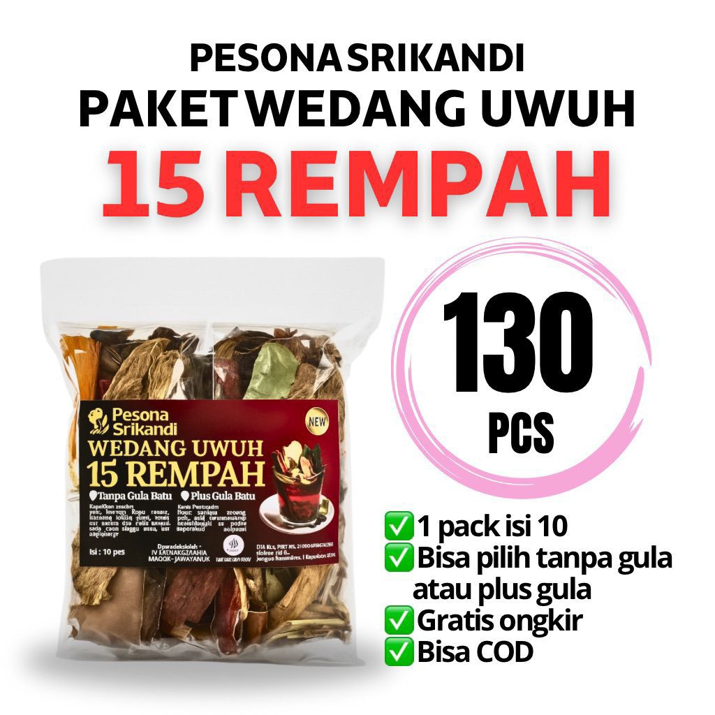

PAKET 130 PCS (10 PACK) WEDANG UWUH 15 REMPAH PESONA SRIKANDI