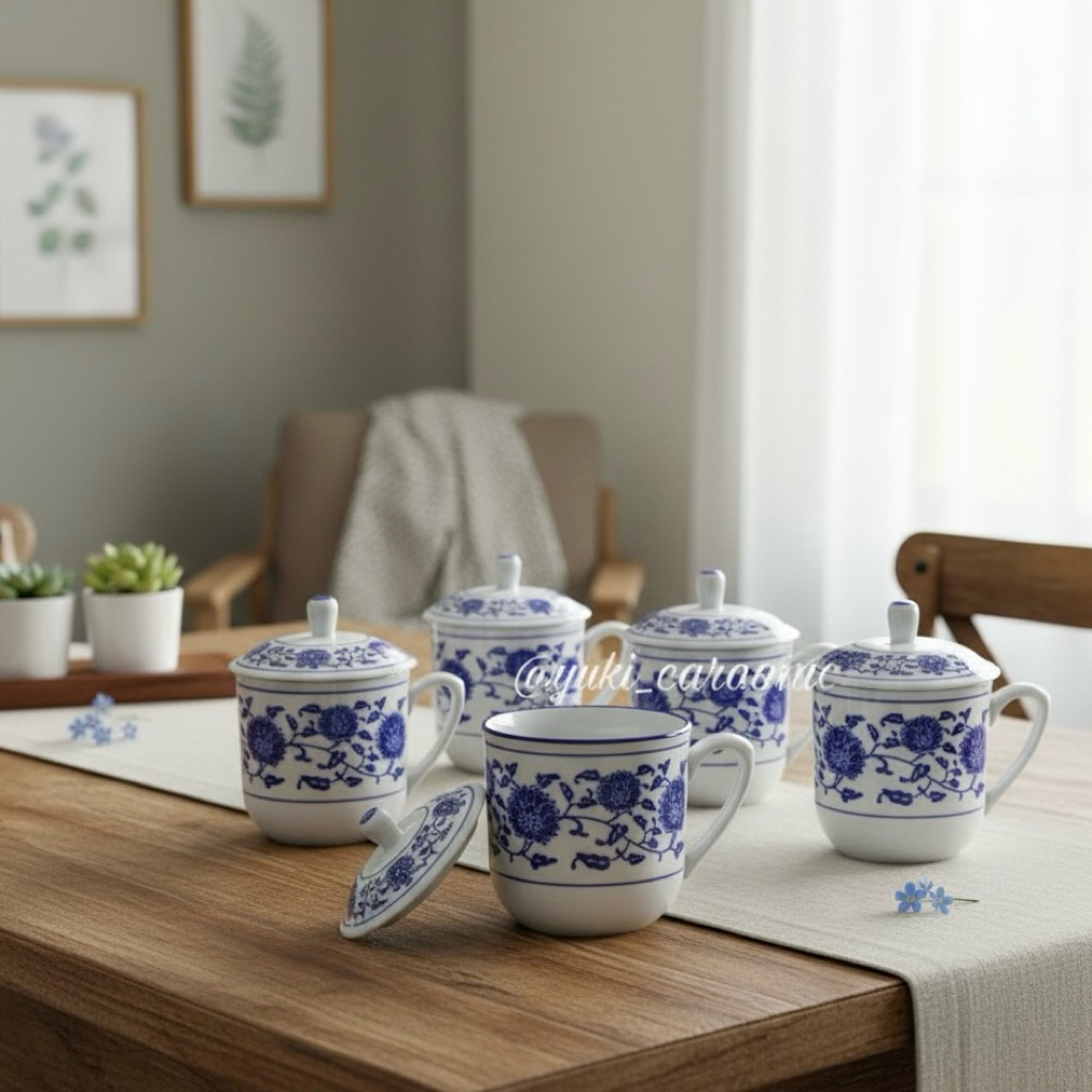 mug keramik biru putih 2 PC dengan tutup / mug jumbo