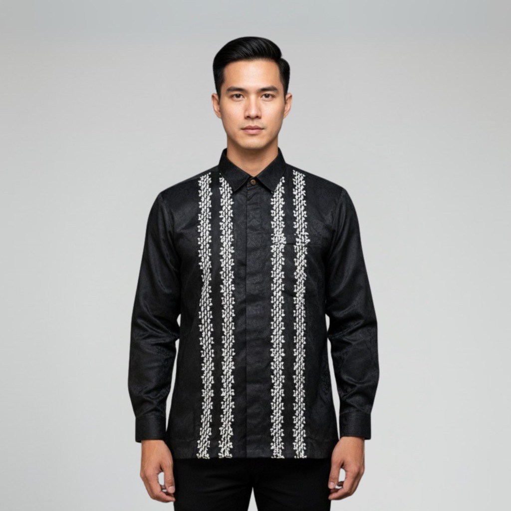 WOVNARA Tenun Premium Indu Kemeja Songket Tenun Baron x Ikat Bulu Pria Lengan Panjang dengan Furing 
