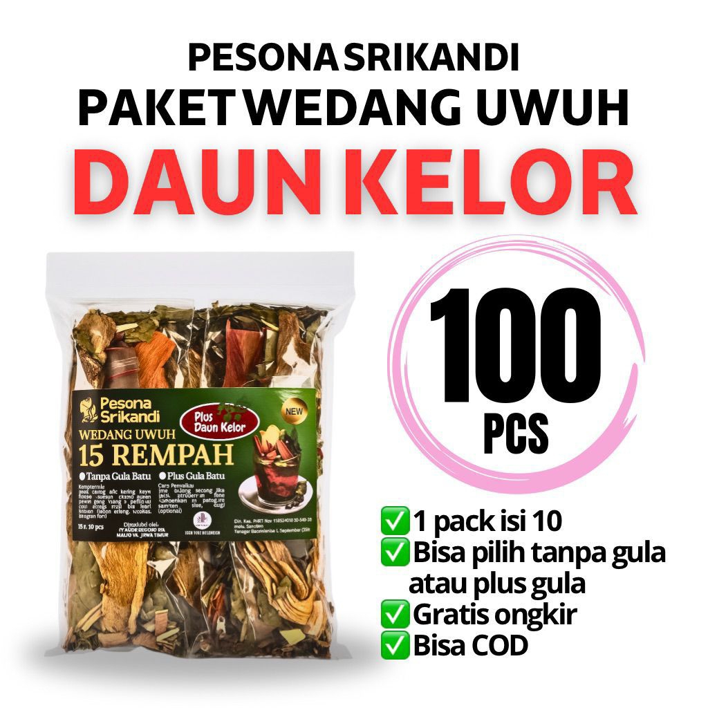

PAKET 100 PCS (10 PACK) WEDANG UWUH 15 REMPAH DAUN KELOR PESONA SRIKANDI