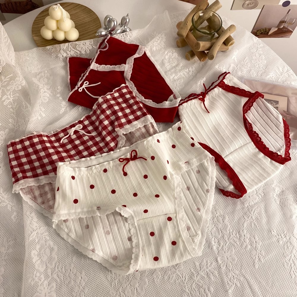 VOS~ Celana Dalam Renda CD2143  Pita Merah Red Wanita Lucu Bahan Katun Jepang Menyerap Keringat