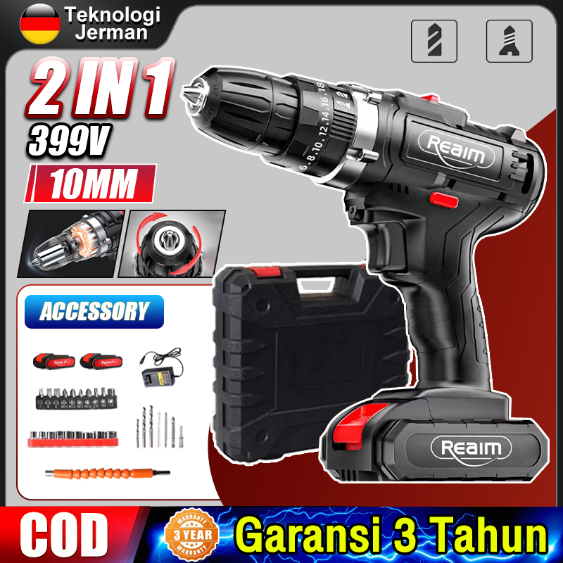 Reaim Bor baterai 10MM Bor Listrik Mesin Bor Bor Impact Impact Baterai Bor listrik Set Lengkap Bor