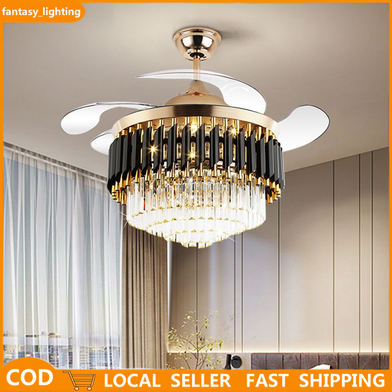 Lampu Kipas Angin Remote Kristal 42" 4 Bilah 3 Warna LED Hemat Energi Desain Mewah Cocok Untuk Kamar