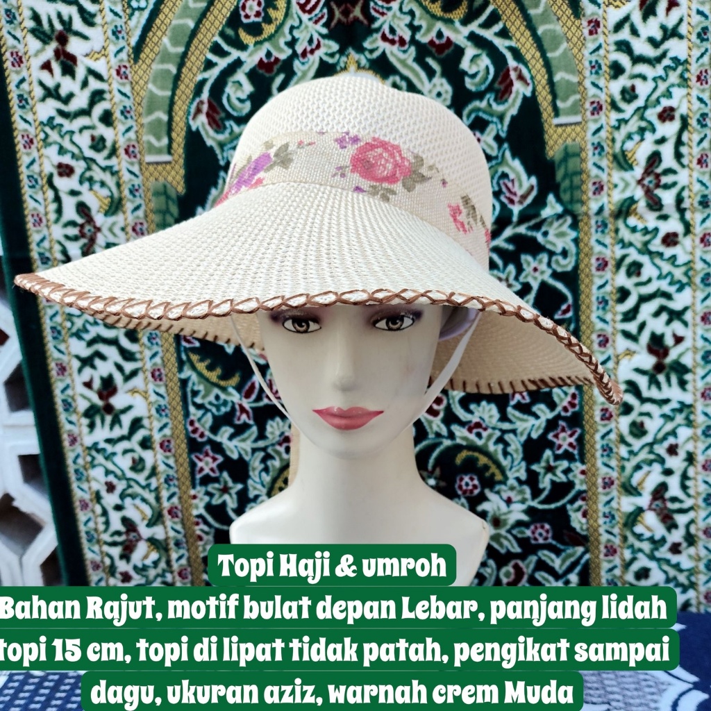 topi wanita haji dan umroh motip bulat lebar depan bahan rajut