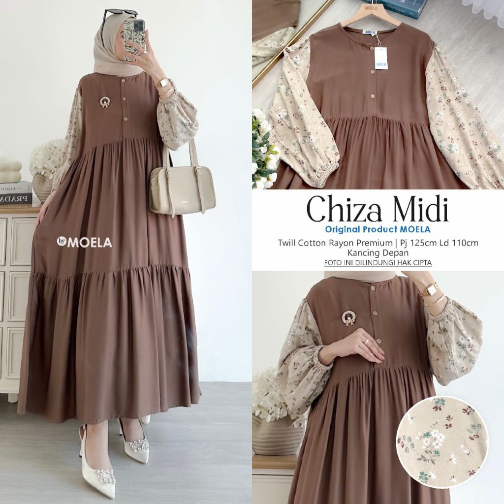CHIZA MIDI DRESS KOMBINASI BAHAN RAYON TWILL PREMIUM ORI MOELA