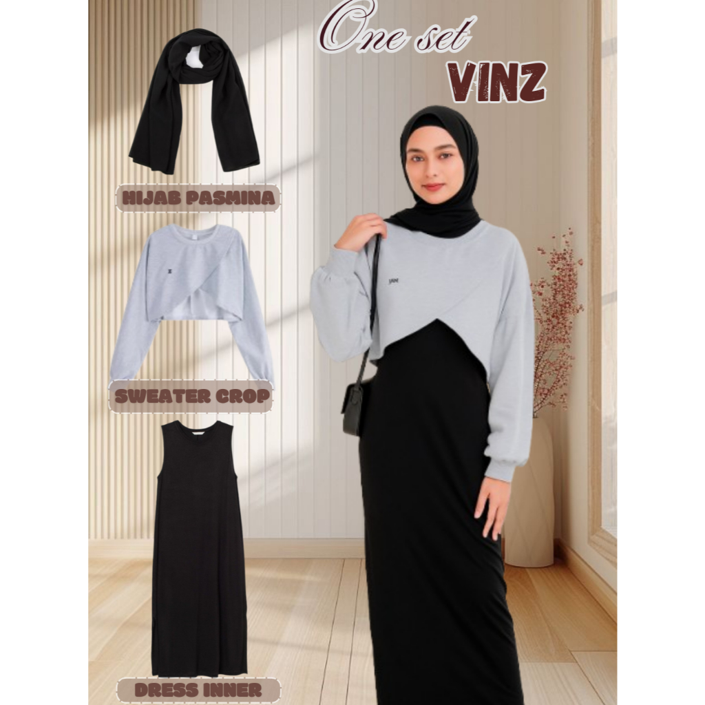 Outfit Kece Badai (Hijab Pasmina+Sweater Crop+Dress Inner Span) Tervaforit Set 3in1