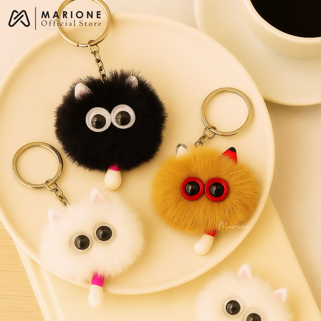 KUCING EKOR - Gantungan Tas Pompom Kucing Bulu Bagcharm / Bag charm Lucu / Keychain Karakter Pompon 