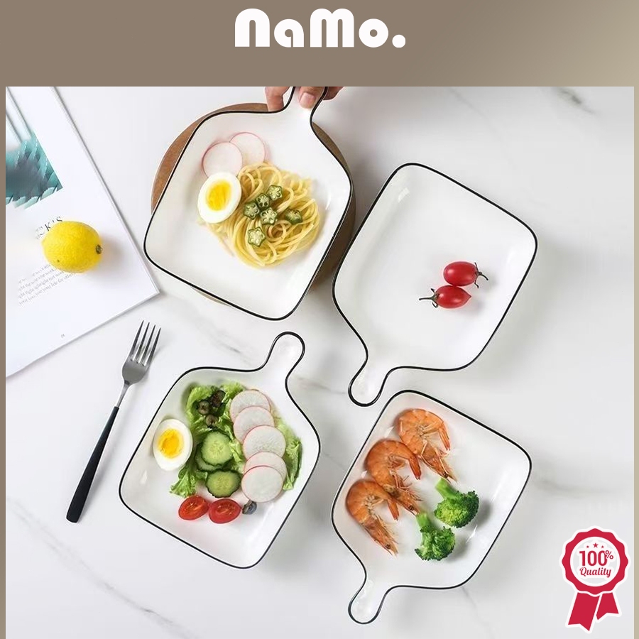 Namo Gift - Piring Saji Persegi Gagang List Hitam Keramik Tebal / Piring Saji Putih Bentuk Elegant