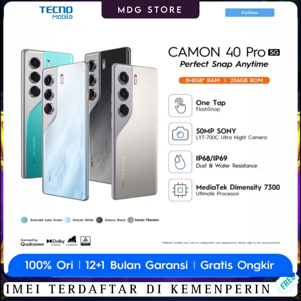 HP Tecno Camon 40 Pro 5G RAM 8GB ROM 256GB | Layar AMOLED 120Hz | MDG Store Official
