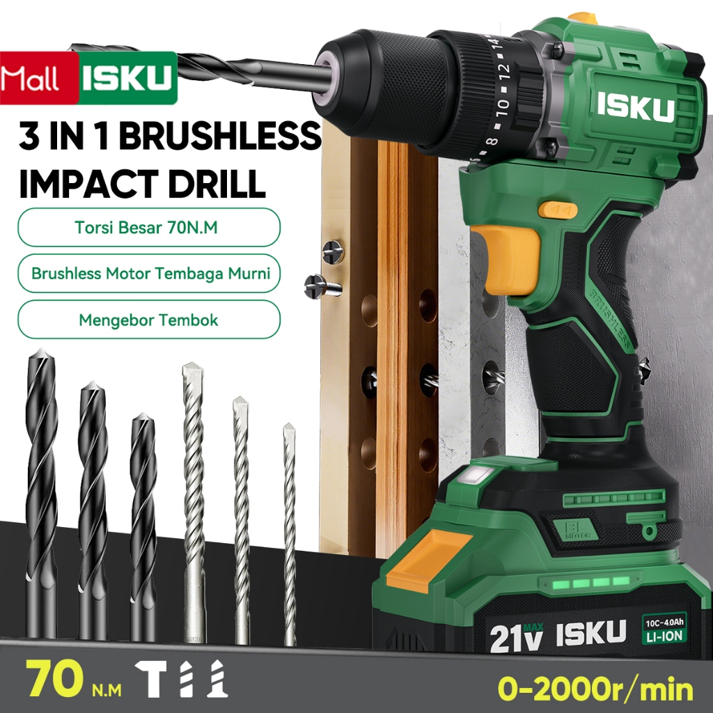 ISKU Brushless Impact Drill 70NM 21V - Bor Lithium Ion 3 in 1, Torsi Kuat, Tahan Air, Chuck 13mm Aut
