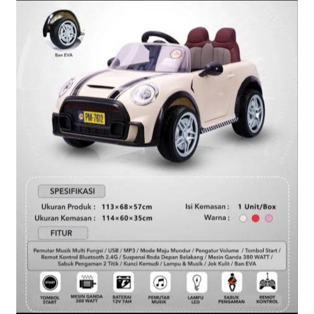 Mainan Mobil Aki Anak Mini Cooper (SECOND) PASIFIC PM7612+ BAN EVA PM 7612+