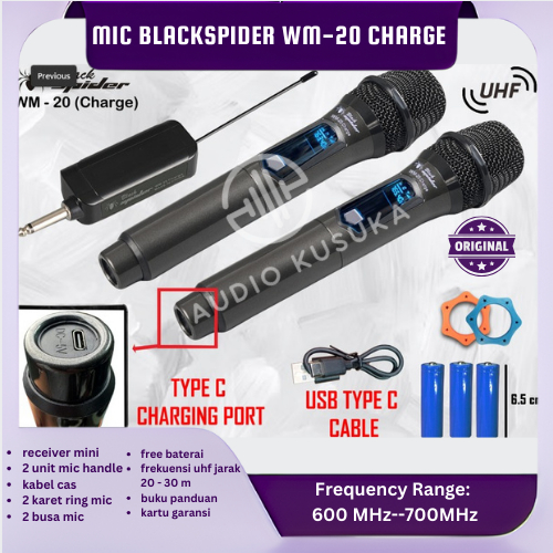MIC WIRELESS BLACK SPIDER WM 20 CHARGE ORIGINAL GARANSI PROFESSIONAL MICROPHONE BLACKSPIDER WM20 UHF