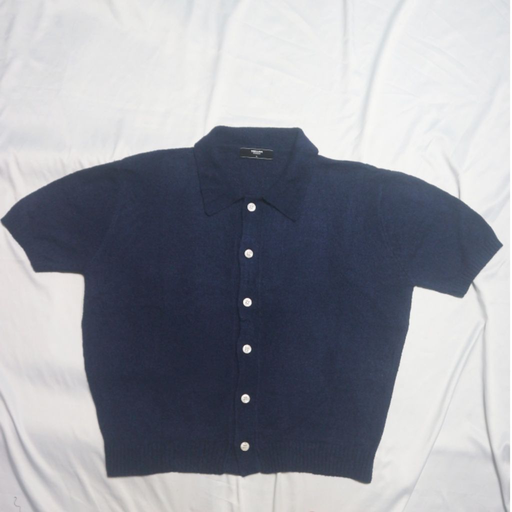 TRILLION Bookle Collar Unisex  Full Button Dark Blue Biru  Boxy Oversized Kerah Pendek Knitwear Swea