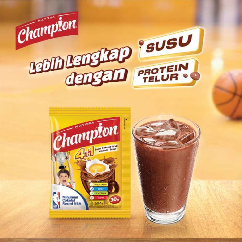 

Mayora Champion 4in1 Cokelat - 10 Sachet | Susu Cokelat, Malt, Vitamin, Telur